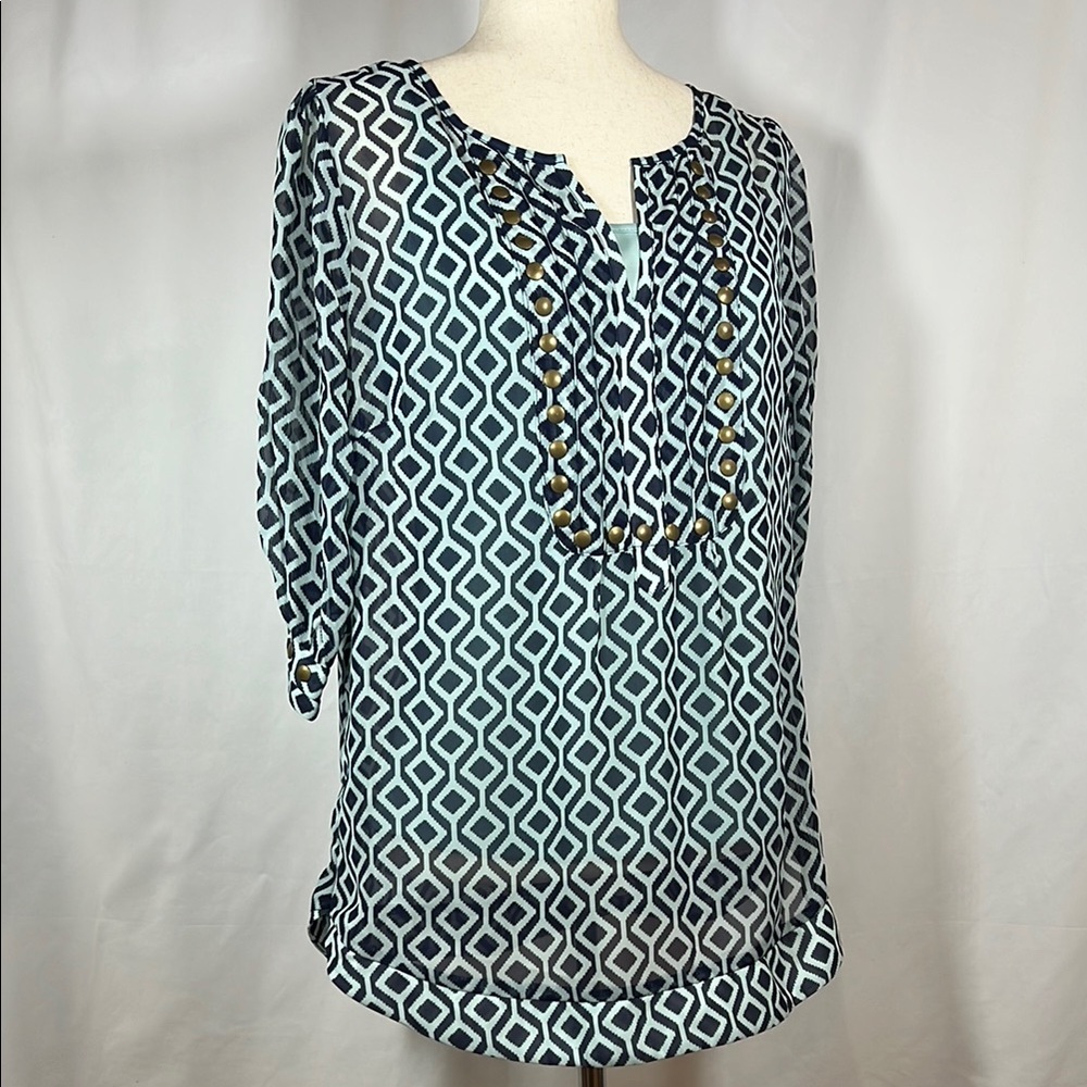 41 Hawthorne 2 pc Navy/Lt Blue Geometric Patterned Blouse Top Size L